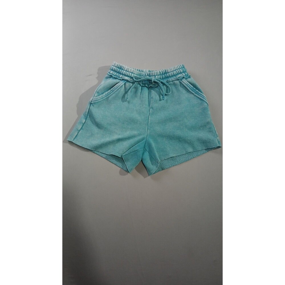 Zenana Acid Wash Sweat Shorts Womens Small Teal Aqua French Terry Raw Hem Lounge